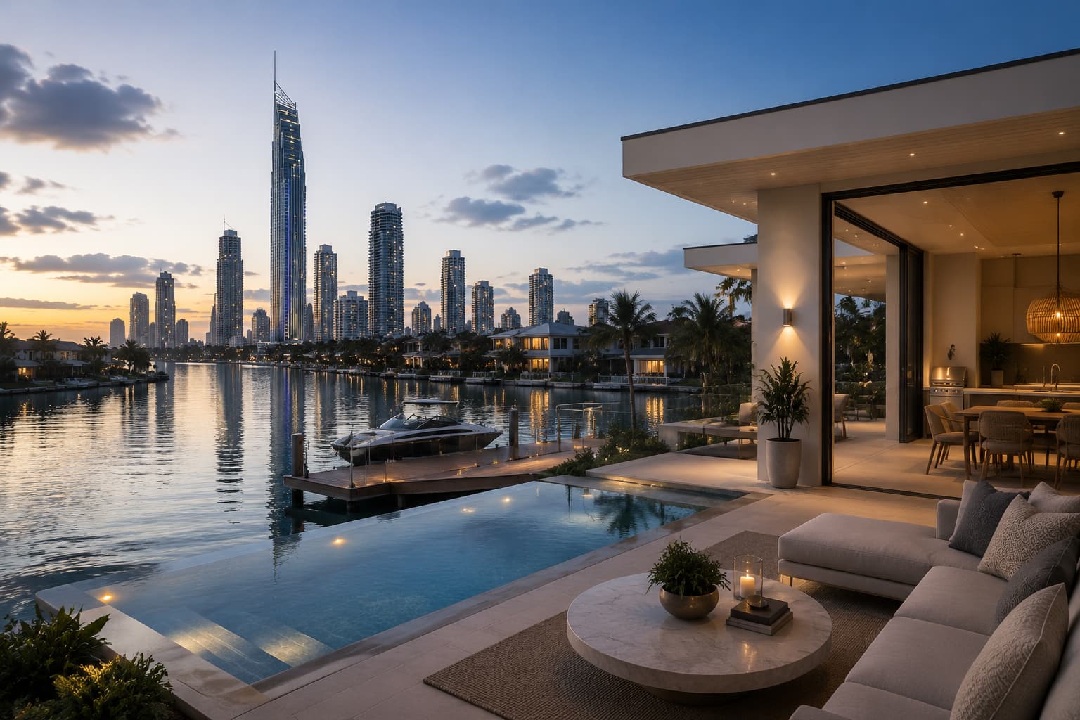 Gold Coast waterfront skyline at sunset